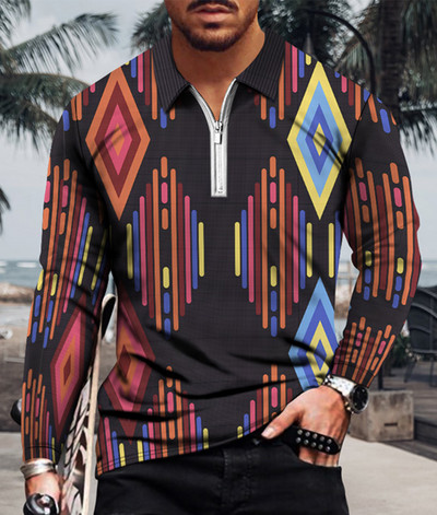 Meeste vabaaja sügise pikkade varrukatega polosärgid Meeste lukuga T-särk Meeste topid Tänavagolfirõivad Meeste geomeetrilise trükiga riided 2022