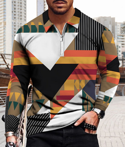 Meeste vabaaja sügise pikkade varrukatega polosärgid Meeste lukuga T-särk Meeste topid Tänavagolfirõivad Meeste geomeetrilise trükiga riided 2022