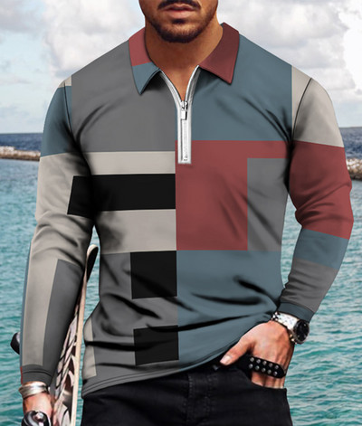 Meeste vabaaja sügise pikkade varrukatega polosärgid Meeste lukuga T-särk Meeste topid Tänavagolfirõivad Meeste geomeetrilise trükiga riided 2022