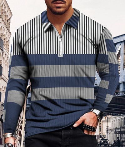 Meeste vabaaja sügise pikkade varrukatega polosärgid Meeste lukuga T-särk Meeste topid Tänavagolfirõivad Meeste geomeetrilise trükiga riided 2022