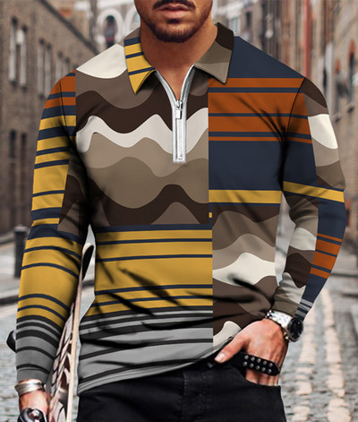 Meeste vabaaja sügise pikkade varrukatega polosärgid Meeste lukuga T-särk Meeste topid Tänavagolfirõivad Meeste geomeetrilise trükiga riided 2022