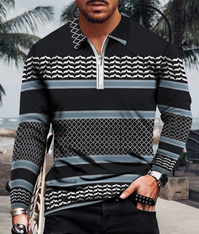 Meeste vabaaja sügise pikkade varrukatega polosärgid Meeste lukuga T-särk Meeste topid Tänavagolfirõivad Meeste geomeetrilise trükiga riided 2022