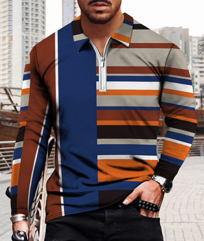 Meeste vabaaja sügise pikkade varrukatega polosärgid Meeste lukuga T-särk Meeste topid Tänavagolfirõivad Meeste geomeetrilise trükiga riided 2022