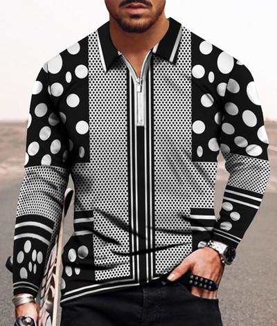 Meeste vabaaja sügise pikkade varrukatega polosärgid Meeste lukuga T-särk Meeste topid Tänavagolfirõivad Meeste geomeetrilise trükiga riided 2022