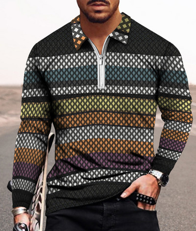 Meeste vabaaja sügise pikkade varrukatega polosärgid Meeste lukuga T-särk Meeste topid Tänavagolfirõivad Meeste geomeetrilise trükiga riided 2022