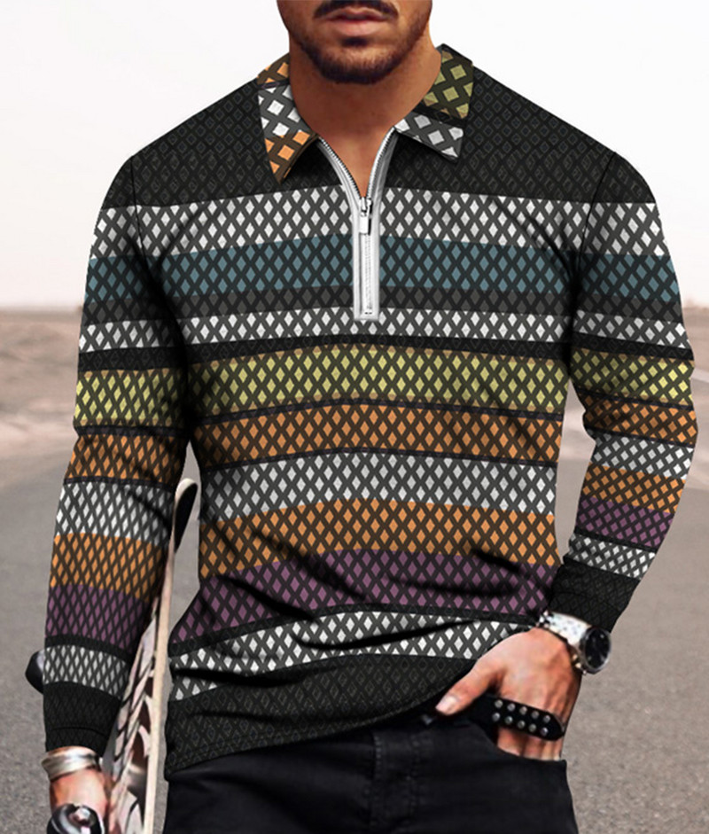 Meeste vabaaja sügise pikkade varrukatega polosärgid Meeste lukuga T-särk Meeste topid Tänavagolfirõivad Meeste geomeetrilise trükiga riided 2022