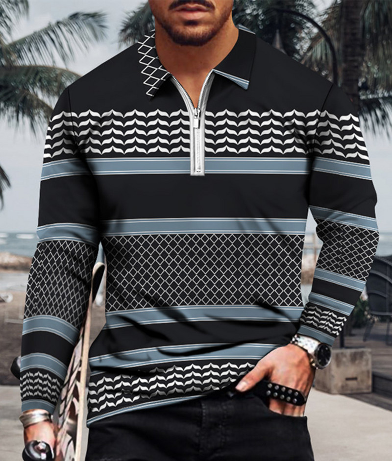 Meeste vabaaja sügise pikkade varrukatega polosärgid Meeste lukuga T-särk Meeste topid Tänavagolfirõivad Meeste geomeetrilise trükiga riided 2022