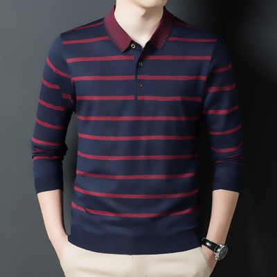 Puuvillased meeste polo-särgid pikkade varrukatega Sügistriibulise kaelusega särk meestele, avara kehaehitusega õhuke polosärk Korea rõivatopsid