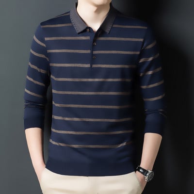 Puuvillased meeste polo-särgid pikkade varrukatega Sügistriibulise kaelusega särk meestele, avara kehaehitusega õhuke polosärk Korea rõivatopsid