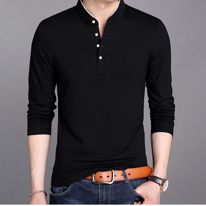 Meeste püstise kraega T-särk, pikkade varrukatega poolnööbiga alumine särk Kevad-sügis ühevärviline Paks vabaaja Slim Fit T-särgid MY748