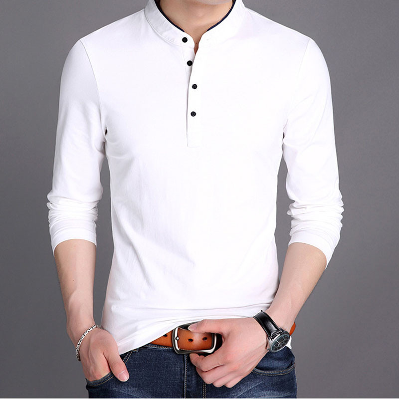 Meeste püstise kraega T-särk, pikkade varrukatega poolnööbiga alumine särk Kevad-sügis ühevärviline Paks vabaaja Slim Fit T-särgid MY748