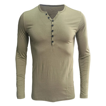 2023 Мъжка пролетна тениска с дълъг ръкав Мъжка едноцветна долна риза с v-образно деколте Есенен мъжки топ Мъжки тънки ризи Henry MY693