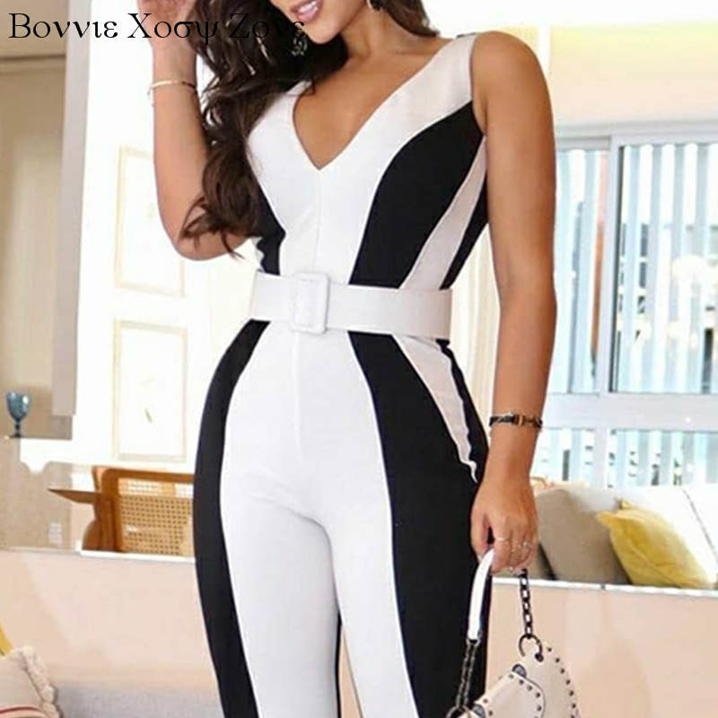 Ženski kombinezon bez rukava s bijelim prugama bez rukava, duge hlače, uredska odjeća Causal, jednodijelni