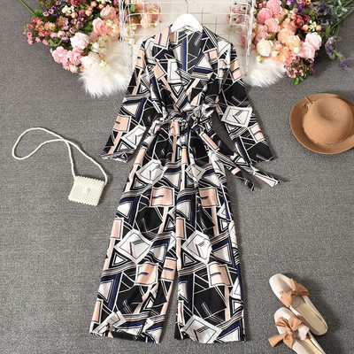 2021 Vintage odijelo s printom Ženski seksi kombinezoni s V-izrezom i širokim nogavicama, proljetni, elegantni pojasevi, kombinezoni dugih rukava