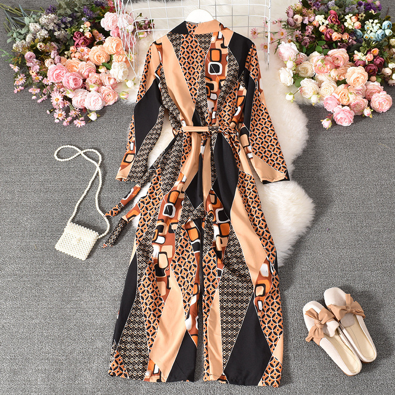 2021 Vintage odijelo s printom Ženski seksi kombinezoni s V-izrezom i širokim nogavicama, proljetni, elegantni pojasevi, kombinezoni dugih rukava