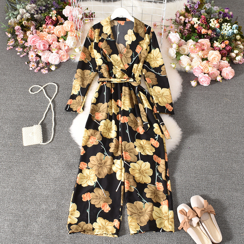2021 Vintage odijelo s printom Ženski seksi kombinezoni s V-izrezom i širokim nogavicama, proljetni, elegantni pojasevi, kombinezoni dugih rukava