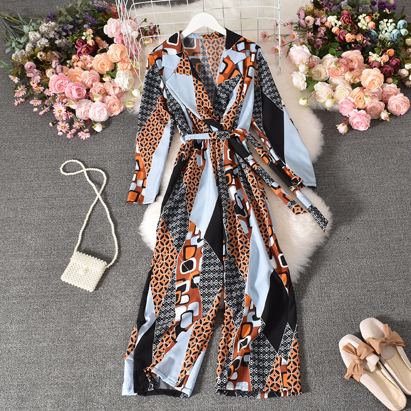 2021 Vintage odijelo s printom Ženski seksi kombinezoni s V-izrezom i širokim nogavicama, proljetni, elegantni pojasevi, kombinezoni dugih rukava
