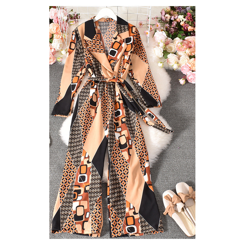 2021 Vintage odijelo s printom Ženski seksi kombinezoni s V-izrezom i širokim nogavicama, proljetni, elegantni pojasevi, kombinezoni dugih rukava