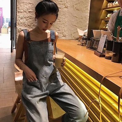 Salopete femei denim spalat salopete albastre stil coreean pantaloni largi ocazional salopete femei cu buzunar Vintage primăvară șic femei