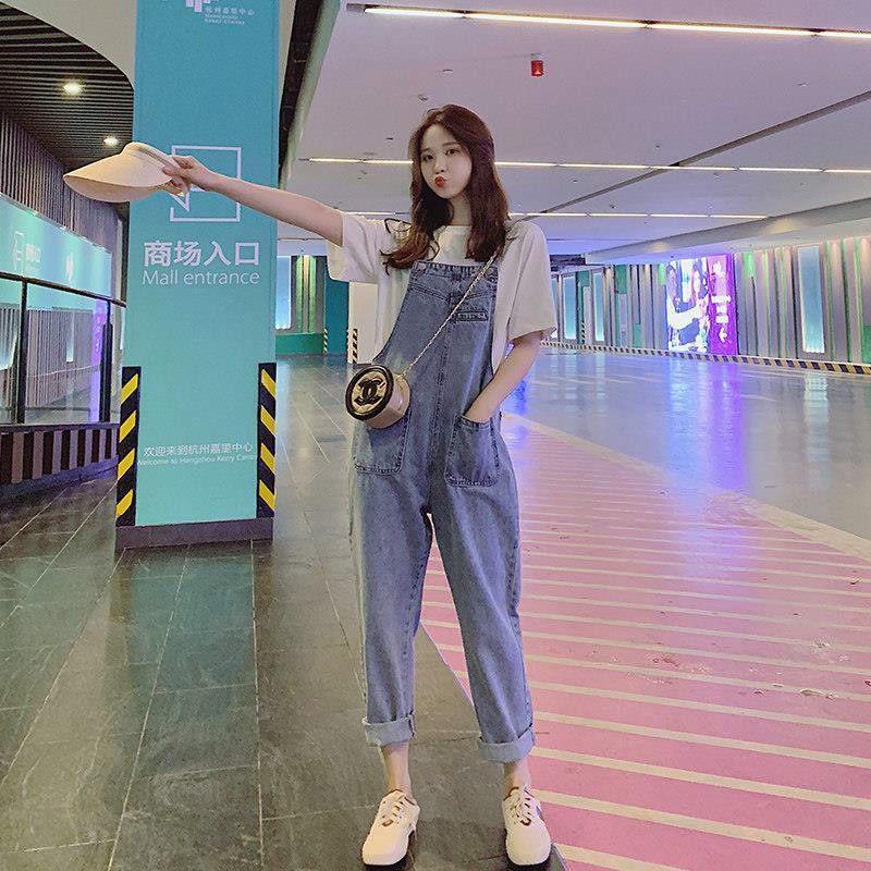 Salopete femei denim spalat salopete albastre stil coreean pantaloni largi ocazional salopete femei cu buzunar Vintage primăvară șic femei