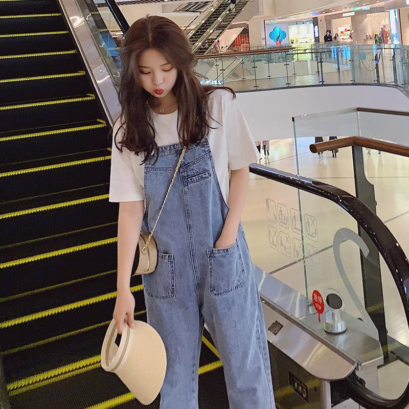 Salopete femei denim spalat salopete albastre stil coreean pantaloni largi ocazional salopete femei cu buzunar Vintage primăvară șic femei
