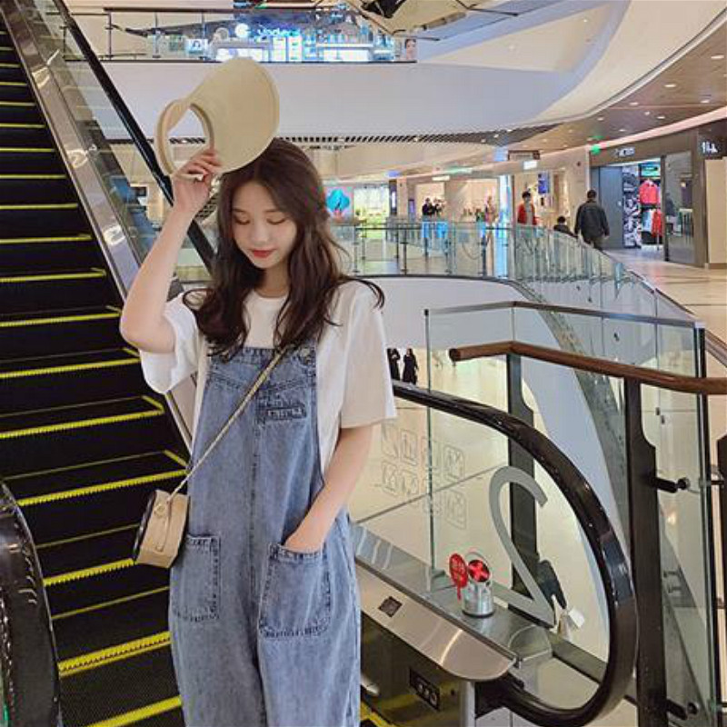 Salopete femei denim spalat salopete albastre stil coreean pantaloni largi ocazional salopete femei cu buzunar Vintage primăvară șic femei