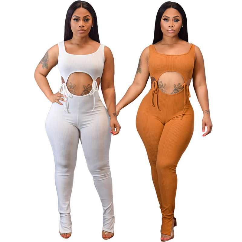 Seksika õõnsa disainiga suvised vestiga kombinesoonid naiste valged/oranžid seksikad rannastiilis täispikad kitsad sportlikud kassiülikonnad