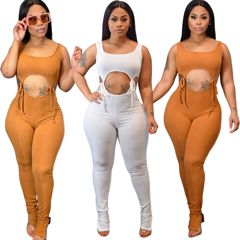 Seksika õõnsa disainiga suvised vestiga kombinesoonid naiste valged/oranžid seksikad rannastiilis täispikad kitsad sportlikud kassiülikonnad