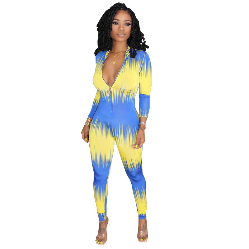 Ženski modni žuto-plavi kombinezoni s dubokim v izrezom, seksi uski bodi za noćne klubove, kombinezoni za ulične zabave