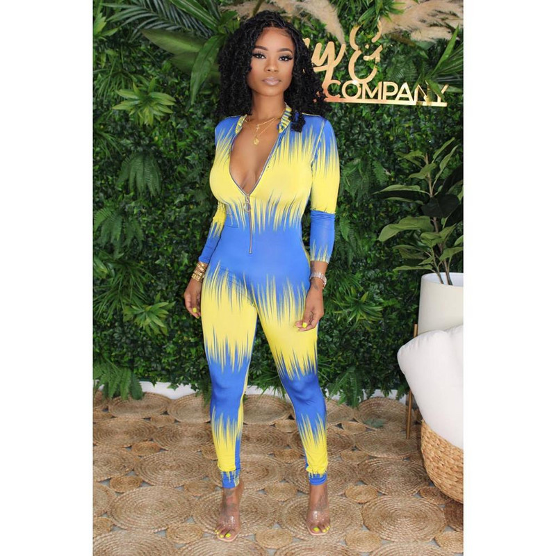 Ženski modni žuto-plavi kombinezoni s dubokim v izrezom, seksi uski bodi za noćne klubove, kombinezoni za ulične zabave