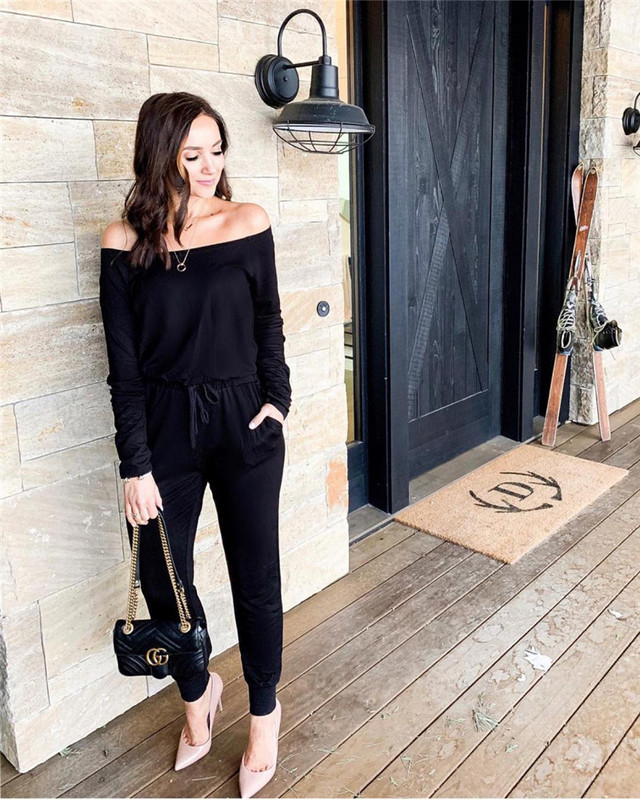 Novi modni ženski kombinezon s otvorenim ramenima i dugim rukavima, jednobojni kombinezon s visokim strukom, ženski ležerni uski kombinezon za igru Jesen