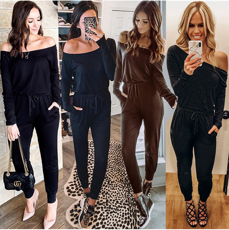 Novi modni ženski kombinezon s otvorenim ramenima i dugim rukavima, jednobojni kombinezon s visokim strukom, ženski ležerni uski kombinezon za igru Jesen