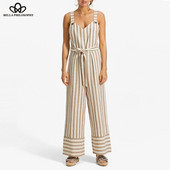 HStar γυναικείες κομψές ριγέ λινές ολόσωμες φόρμες παπιγιόν λουριά λουράκια πλαϊνό φερμουάρ φαρδύ πόδι γυναικείες ρετρό φόρμες