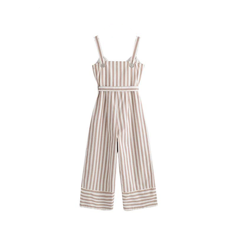 HStar γυναικείες κομψές ριγέ λινές ολόσωμες φόρμες παπιγιόν λουριά λουράκια πλαϊνό φερμουάρ φαρδύ πόδι γυναικείες ρετρό φόρμες