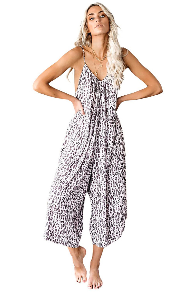 Plavi/ružičasti/smeđi/crni leopard podesivi kombinezon Ženski ljetni seksi široke hlače bez rukava s V izrezom, dugi kombinezoni