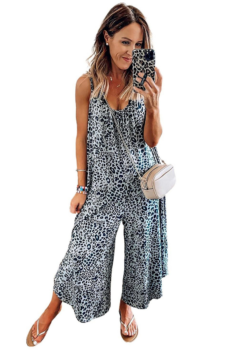 Plavi/ružičasti/smeđi/crni leopard podesivi kombinezon Ženski ljetni seksi široke hlače bez rukava s V izrezom, dugi kombinezoni
