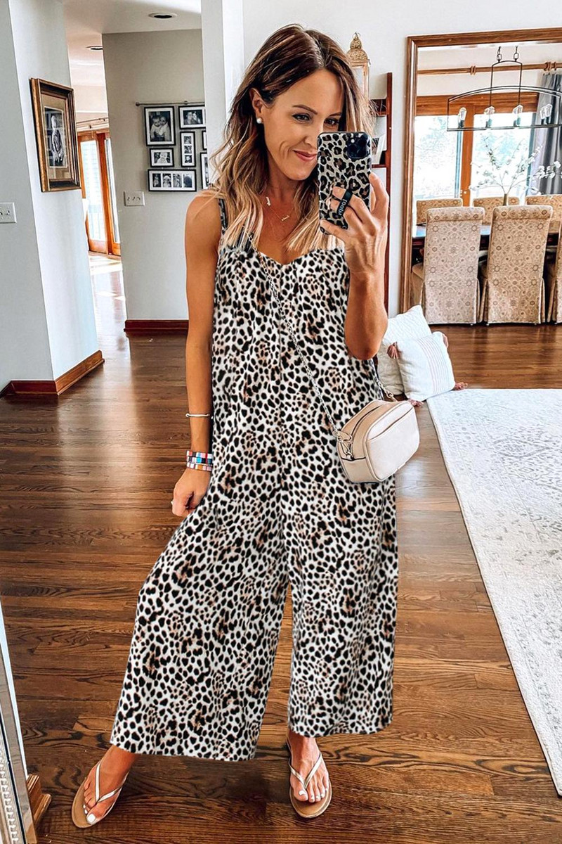 Plavi/ružičasti/smeđi/crni leopard podesivi kombinezon Ženski ljetni seksi široke hlače bez rukava s V izrezom, dugi kombinezoni