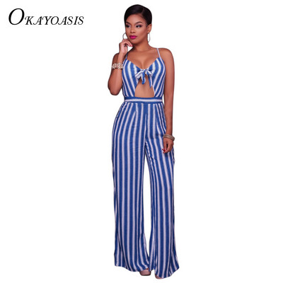 Novi dolazak Plava prugasta kombinezona za plažu Ležerni kombinezon s dugim hlačama Seksi kombinezoni bez rukava s V izrezom Bodi pojasevi