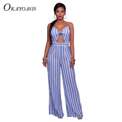 Novi dolazak Plava prugasta kombinezona za plažu Ležerni kombinezon s dugim hlačama Seksi kombinezoni bez rukava s V izrezom Bodi pojasevi