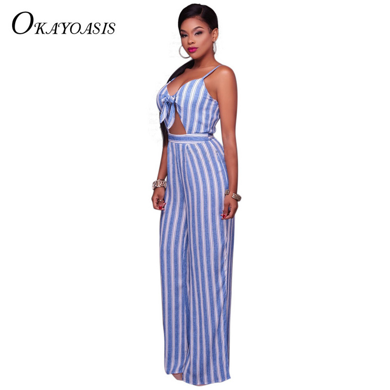 Novi dolazak Plava prugasta kombinezona za plažu Ležerni kombinezon s dugim hlačama Seksi kombinezoni bez rukava s V izrezom Bodi pojasevi