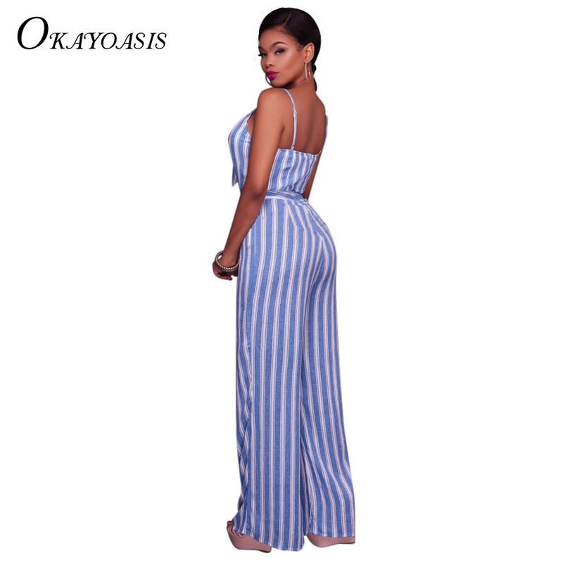 Novi dolazak Plava prugasta kombinezona za plažu Ležerni kombinezon s dugim hlačama Seksi kombinezoni bez rukava s V izrezom Bodi pojasevi