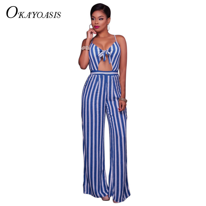 Novi dolazak Plava prugasta kombinezona za plažu Ležerni kombinezon s dugim hlačama Seksi kombinezoni bez rukava s V izrezom Bodi pojasevi
