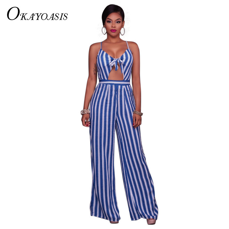 Novi dolazak Plava prugasta kombinezona za plažu Ležerni kombinezon s dugim hlačama Seksi kombinezoni bez rukava s V izrezom Bodi pojasevi
