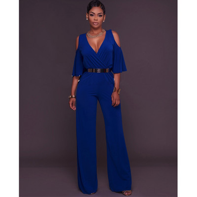 Hladni kombinezon s V izrezom i širokim nogavicama s pojasom Macacao Feminino Longo Ženski jednobojni kombinezon s dugim hlačama s omotom do pola rukava