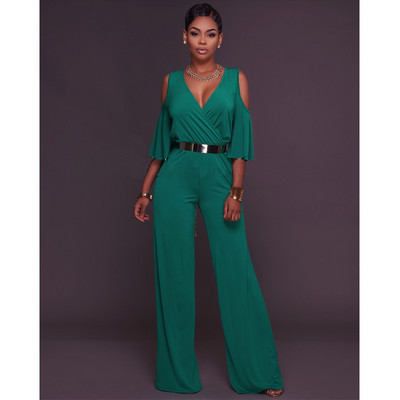 Hladni kombinezon s V izrezom i širokim nogavicama s pojasom Macacao Feminino Longo Ženski jednobojni kombinezon s dugim hlačama s omotom do pola rukava