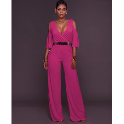 Hladni kombinezon s V izrezom i širokim nogavicama s pojasom Macacao Feminino Longo Ženski jednobojni kombinezon s dugim hlačama s omotom do pola rukava