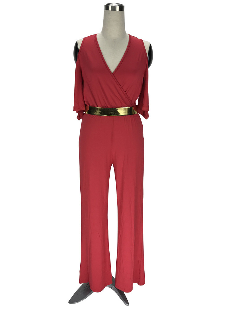 Hladni kombinezon s V izrezom i širokim nogavicama s pojasom Macacao Feminino Longo Ženski jednobojni kombinezon s dugim hlačama s omotom do pola rukava