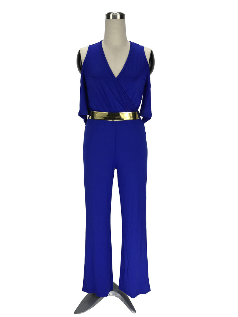 Hladni kombinezon s V izrezom i širokim nogavicama s pojasom Macacao Feminino Longo Ženski jednobojni kombinezon s dugim hlačama s omotom do pola rukava