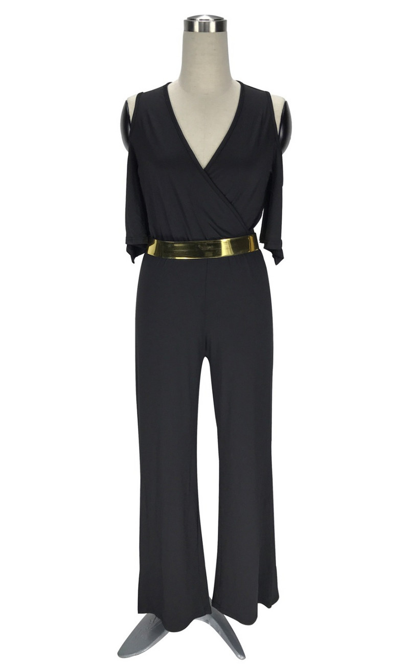 Hladni kombinezon s V izrezom i širokim nogavicama s pojasom Macacao Feminino Longo Ženski jednobojni kombinezon s dugim hlačama s omotom do pola rukava