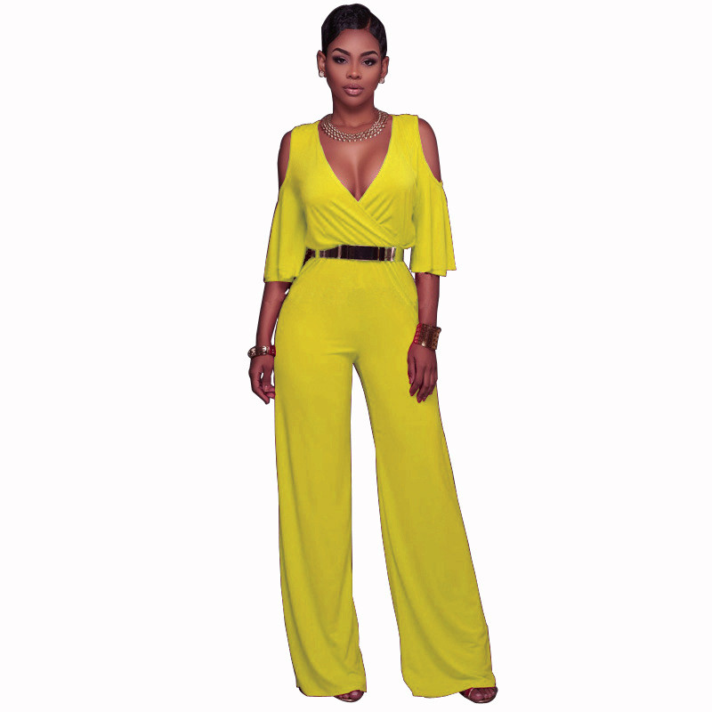 Hladni kombinezon s V izrezom i širokim nogavicama s pojasom Macacao Feminino Longo Ženski jednobojni kombinezon s dugim hlačama s omotom do pola rukava